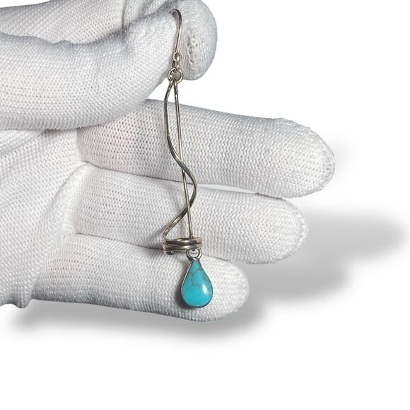 VTG 925 Silver Turquoise Dangle Earrings Made in Mexico 3” Drop Modernist Style - Picture 4 of 9